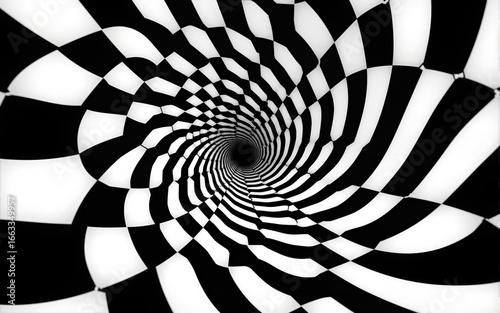 An abstract black and white pattern featuring a tunnel design, creating a contrasting optical illusion. This optical art piece showcases a gravity vortex with a smooth checkered tunnel. High quality