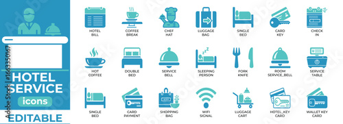 Clean editable hotel service vector icons in line art, ideal for hospitality, travel, branding, UI and print design