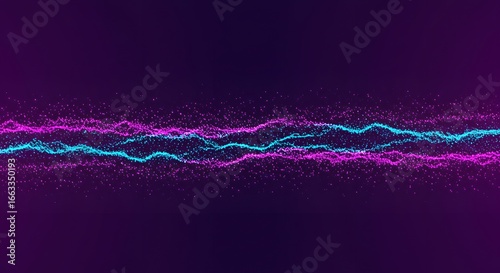 Abstract flowing waves of pink and blue particles against a dark purple background