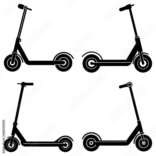 Collection of four black silhouette electric scooters displayed against a white background design element