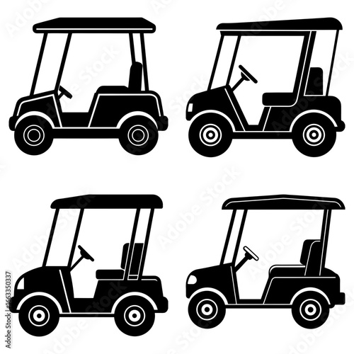 Four golf carts in black silhouette offering a simple and clean design for various recreational activities