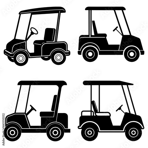 Four black and white golf carts with steering wheels and seats in a simple vector illustration