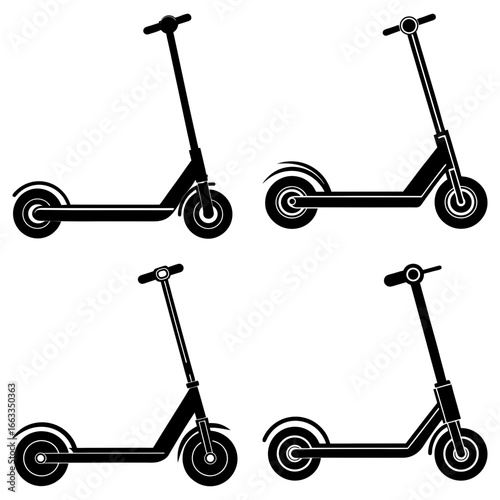 Four black electric scooters displayed in a grid pattern on a white background vector illustration