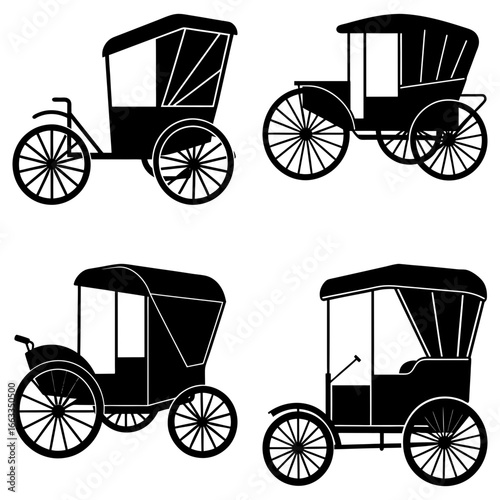 Four vintage carriage silhouettes with intricate wheel designs and enclosed passenger compartments shown