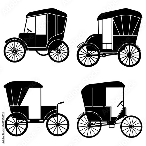 Four vintage carriages in black silhouette with spoked wheels and enclosed passenger compartments depicted