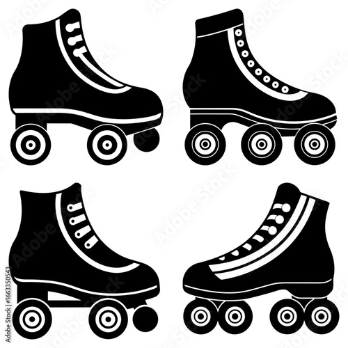 Four black roller skates in different styles with laces and wheels on a white background illustration