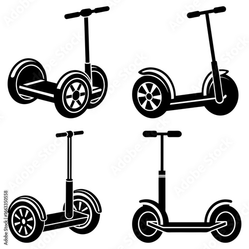 Four different black and white illustrations of self balancing scooters and kick scooters shown together