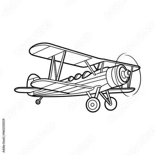 Cartoon Biplane Airplane Outline Illustration for Coloring or Design
