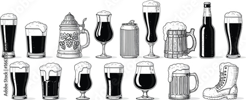 Extensive Collection of Hand-Drawn Beer Glassware Mugs Bottles and Cans Vector Illustrations Featuring Diverse Styles and Shapes for Beverage Enthusiasts