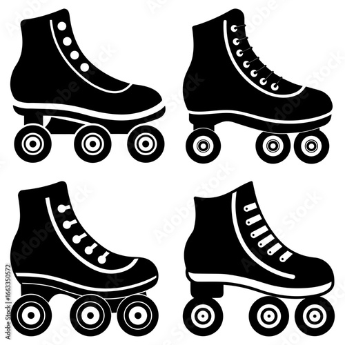 Four roller skates in black and white showing different styles and lacing techniques for skating fun outdoors