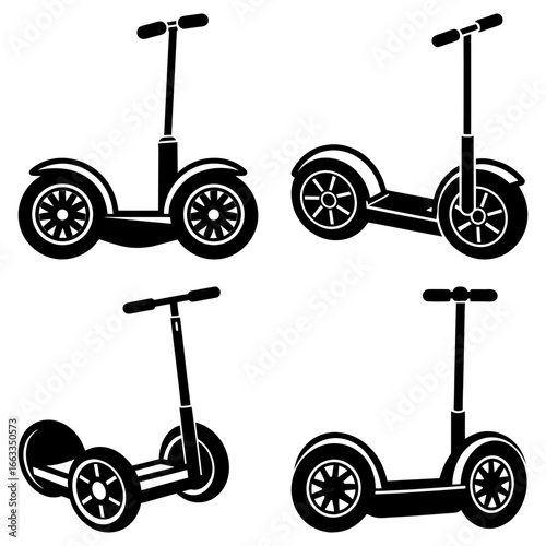 Collection of four black and white self balancing scooters in various orientations and perspectives seen here