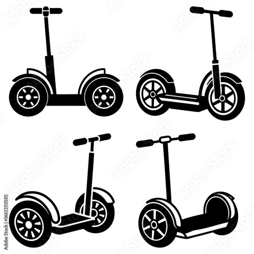 Illustration of four electric scooters with handlebars and platform in black and white style