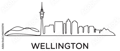 One line art drawing of a Wellington skyline with line art style vector illustration. Traveling and landmark vector illustration design concept.