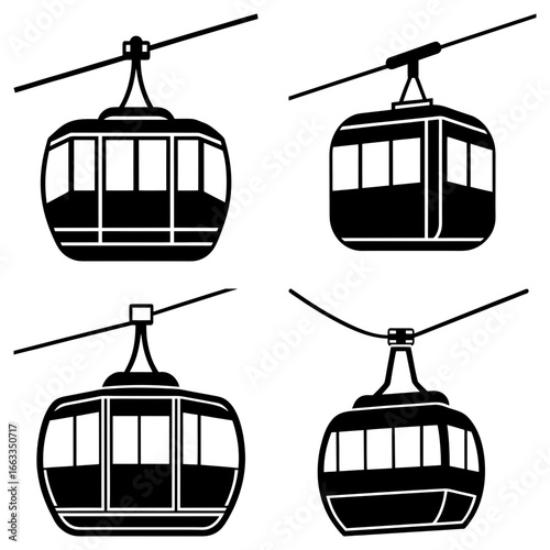 Four black and white gondola lift cabins suspended from cables in a symmetrical arrangement graphic design