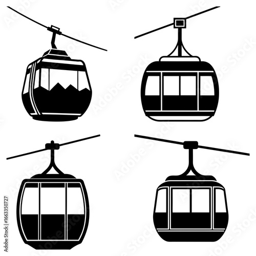 Four black and white gondola lift silhouettes hanging from cables in a square arrangement on white background