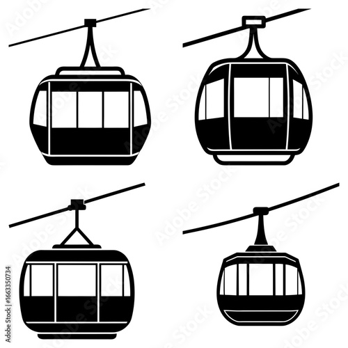 Four black and white gondola lift illustrations suspended by cables against a white background drawing attention