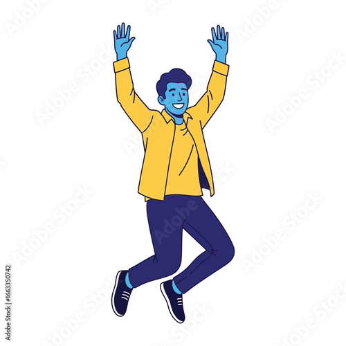 Energetic Leap of Joy: A cheerful person radiates energy as they leap skyward with arms outstretched, showcasing pure elation and boundless happiness.
