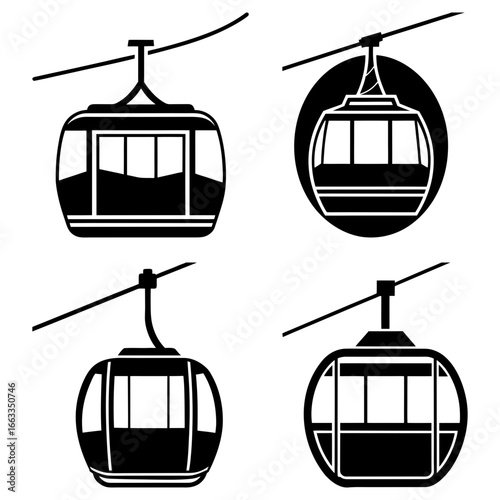 Collection of four black and white gondola lift illustrations on a white background showing different styles
