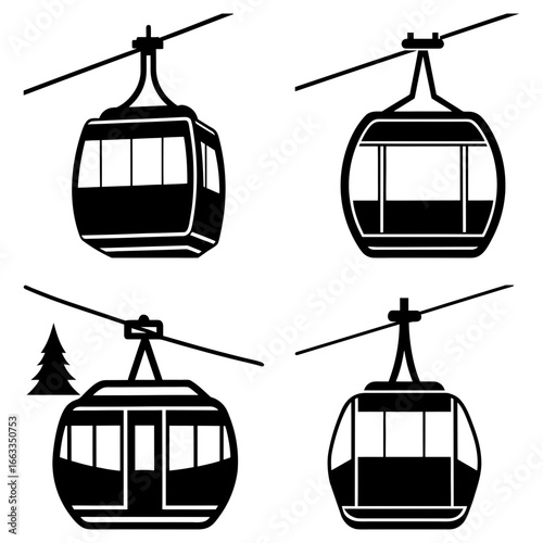 Four black and white gondola lift illustrations with varying designs and a tree silhouette present