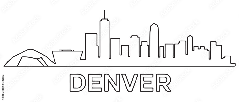 Fototapeta premium One line art drawing of a Denver skyline vector illustration. Traveling and landmark vector illustration design concept. Modern city design vector. Vector black silhouette. with white background
