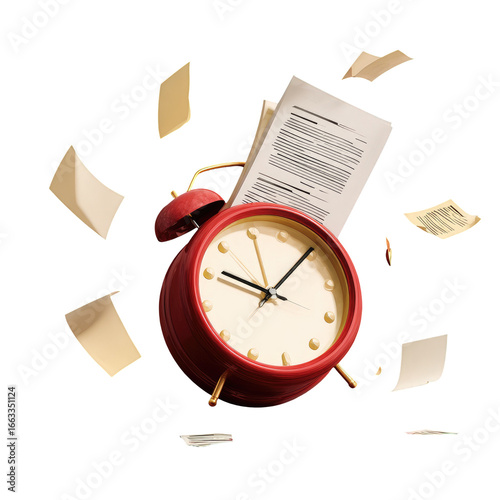 Red alarm clock with papers flying around