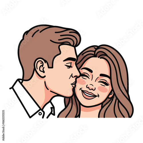 Romantic Kiss: A charming depiction of a man tenderly kissing a smiling woman's cheek, radiating affection and joy. 