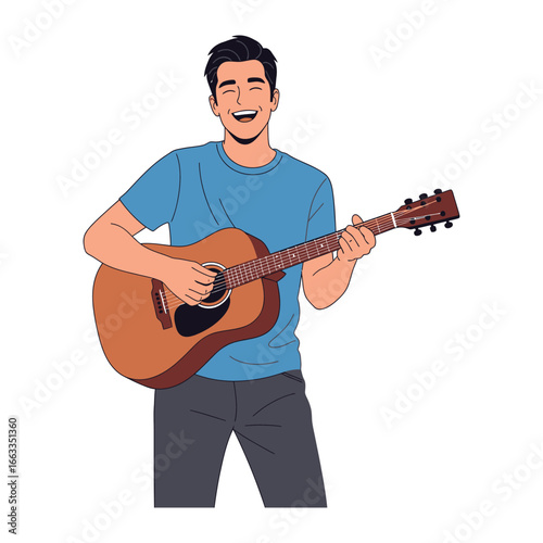 Melody in the Moment: A joyful individual strums a sun-kissed guitar with infectious mirth, as musical artistry takes center stage, bringing forth an illustration with an essence of sheer happiness.