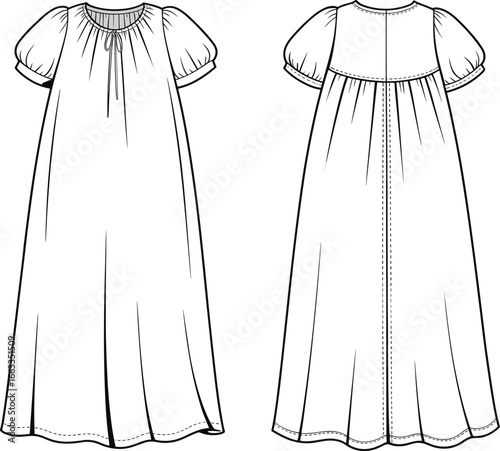 Infant Nightgown Dress Technical Flat Sketch (CAD) | Puff Sleeves and Gathered Neckline Vector Template

