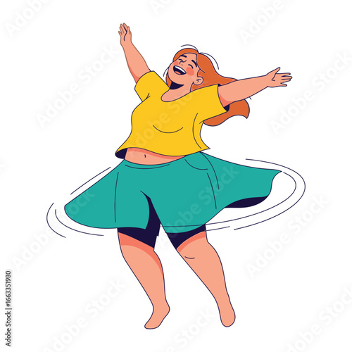 Joyful twirl in everyday: An illustration depicting a person in motion. Exuding pure happiness and freedom, with arms outstretched and a cheerful expression.