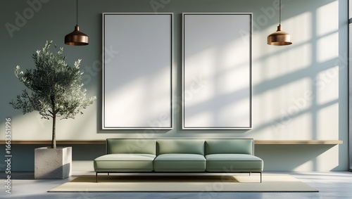 Modern Sage Green Living Room with Two Blank Canvases, Olive Tree, and Minimalist Sofa Mockup