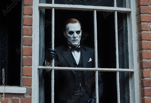 Ghost butler appearing at the window of an haunted mansion
