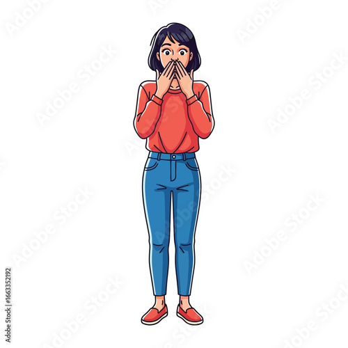 Surprised expression: A stylish lady, overcome with awe, clasps a hand to her mouth, her eyes revealing disbelief and wonder, as her stance embodies a cartoonish style.
