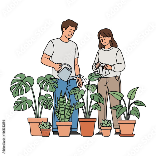 Nurturing Nature: A couple engaged in a shared moment of cultivating a vibrant green sanctuary, tending lovingly to their indoor plant collection.