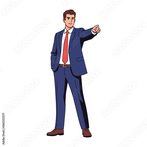 The Confident Decision: A distinguished figure, dressed in a sharp, tailored suit, stands with confidence, extending a decisive gesture as he points directly forward.