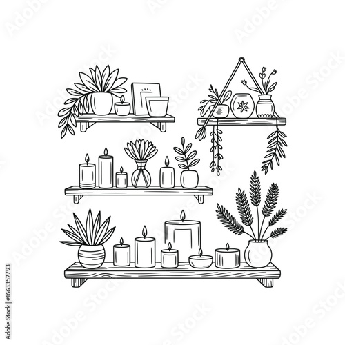 Cozy bohemian home decor featuring houseplants candles and vases on shelves white background