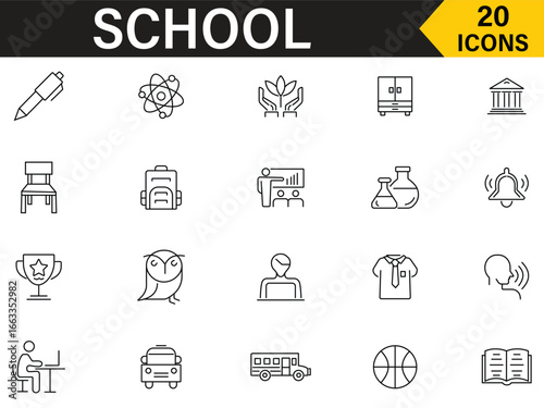 School line icons set. Set of 20 icons related to teacher, book, education, teaching, learning, subjects, classroom, students and more. Editable stroke flat style symbol collection.