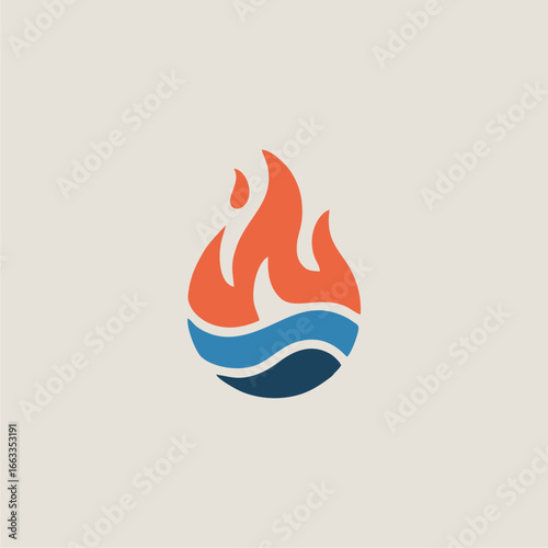 Abstract circular logo featuring stylized orange flames above blue and dark blue wavy lines, symbolizing a blend of heat and water.