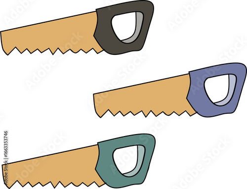 Illustration of three hand saws with different colored handles.