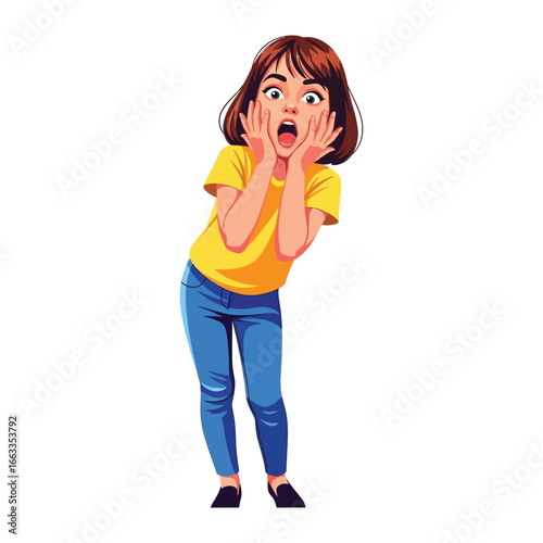 Startled Expression: An illustration of a woman with a look of surprised and shock. She clutches her cheeks in disbelief, representing fear or surprise.