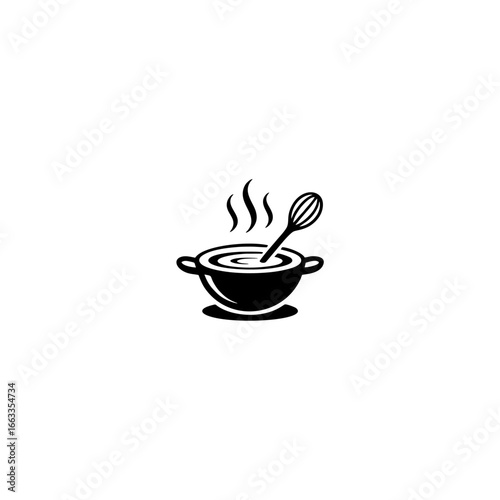 Steaming pot with whisk, culinary cooking symbol, simple design.