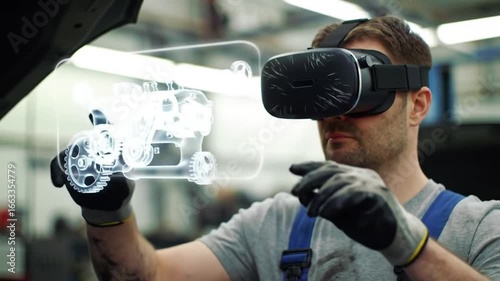 Wallpaper Mural Future Mechanic Man in VR Headset Inspecting Holographic Car Engine in Auto Repair Shop Torontodigital.ca