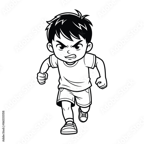Furious little Boy Run: Captivating monochrome cartoon illustration of a young boy in a state of furious anger, running with clenched fists, conveying a powerful feeling.