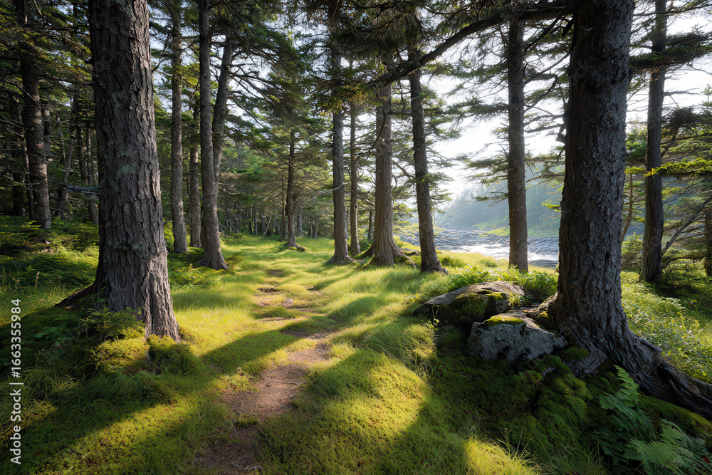 Fototapeta premium bright early morning forest in newfoundland canada surrounded by lush greenery and vibrant wildlife