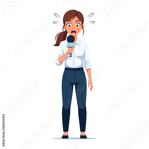 Breaking News: A female reporter, eyes wide with surprise, holding a microphone in front of her, conveying the immediacy and gravity of a critical breaking story.