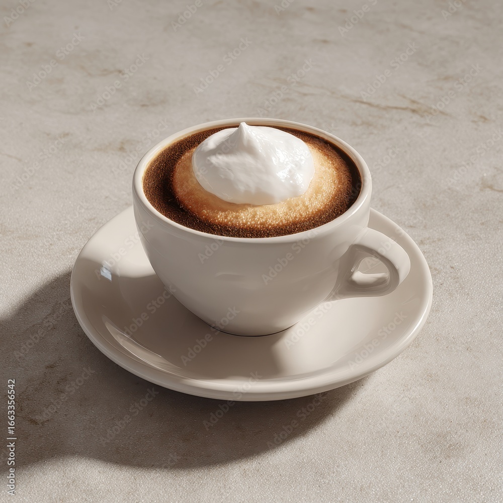 Obraz premium Coffee in a white cup topped with whipped cream, sitting on a white saucer, marble table