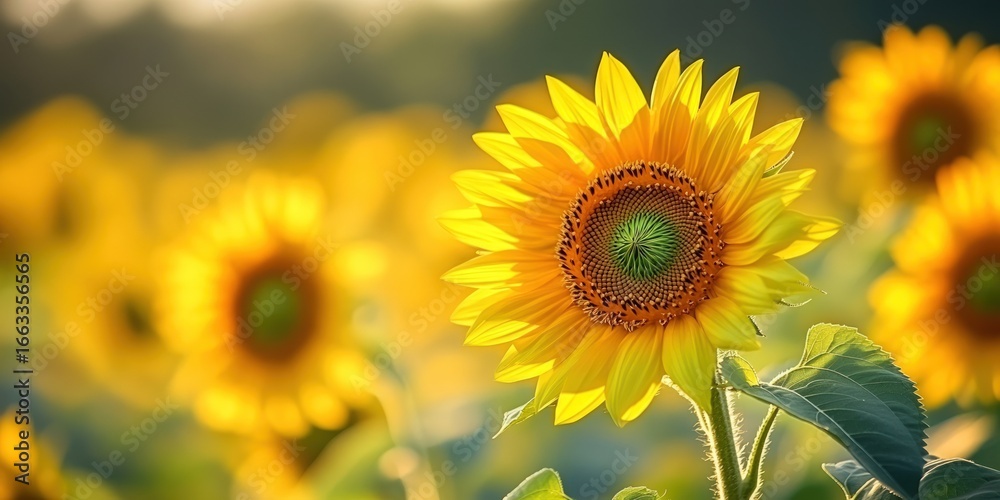 Fototapeta premium A vibrant field of sunflowers bathed in golden light, with one in sharp focus, showcasing intricate details