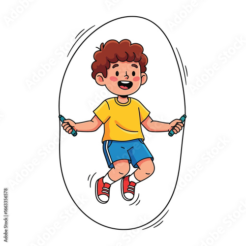 Joyful Leap: A cheerful youngster bounces with glee as they expertly swing a jump rope, embodying youthful energy and the pure delight of play.