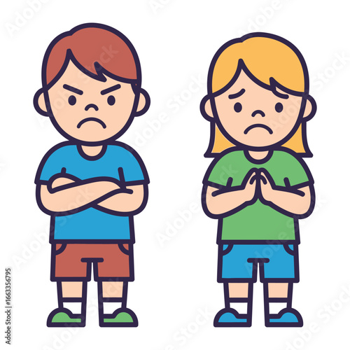 Emotions of Children: A digital illustration captures two children, one expressing anger with crossed arms and furrowed brows, while the other embodies sadness, hands clasped in a gesture of sorrow. 