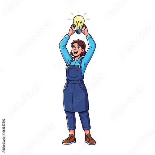 Embracing Illumination: A woman's face radiates joy as she holds up a glowing light bulb, symbolizing a brilliant idea, innovation, and the spark of creativity.