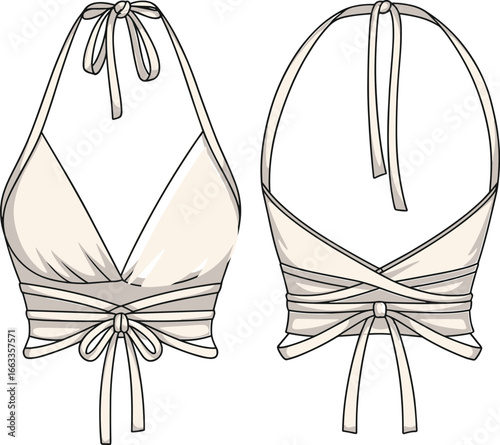 Bikini Top – Halter Neckline with Front and Back Views, Swimwear Design for Summer Fashion, Technical Sketch and Garment Layout CAD Drawing Flat Vector Illustration